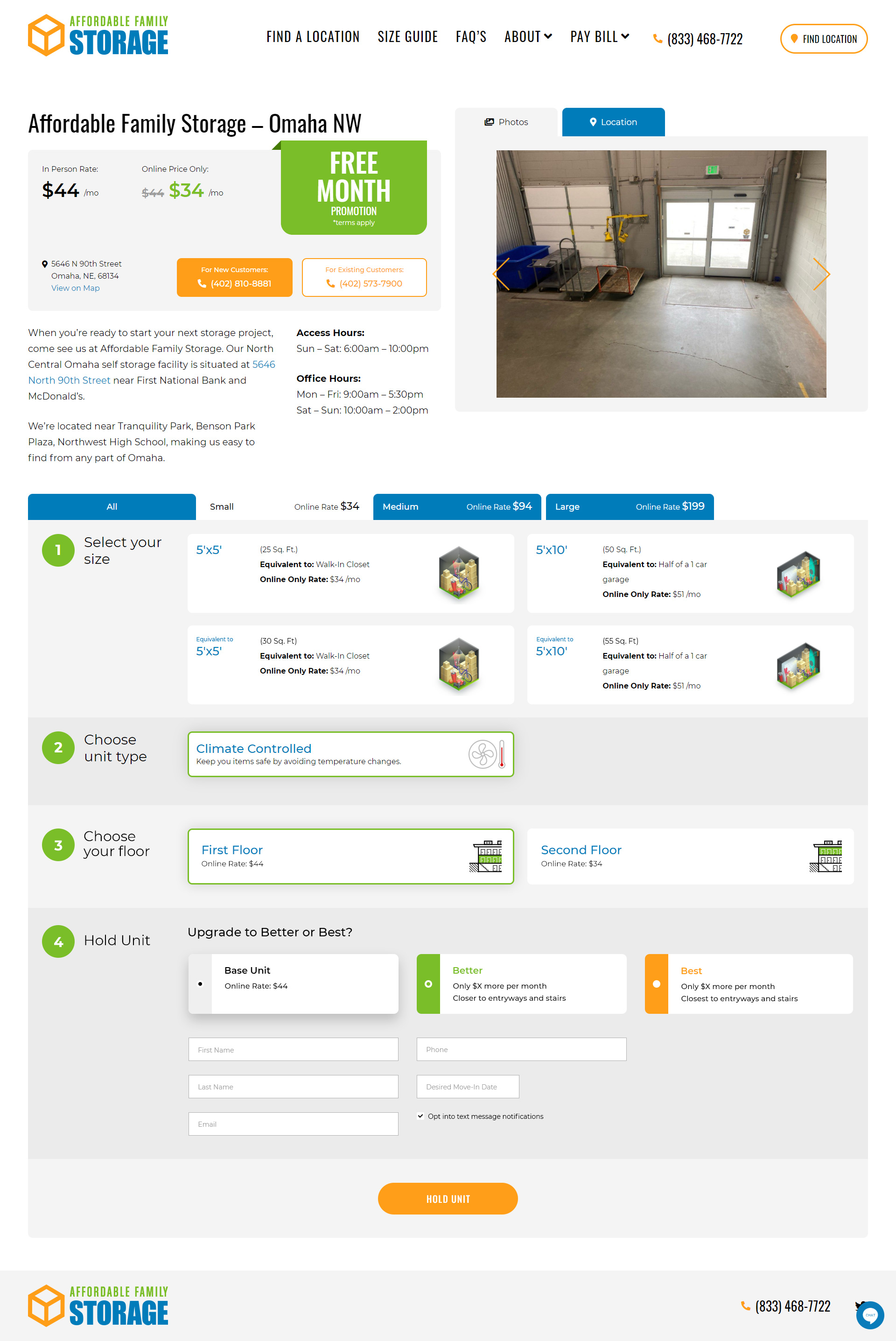 Self storage website design for Affordable Family Storage: location page with online pricing, hours, and a four-step unit selection and hold form