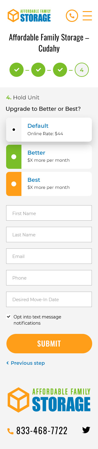 Mobile-first self storage website design: Affordable Family Storage unit hold step with upgrade options and a short reservation form