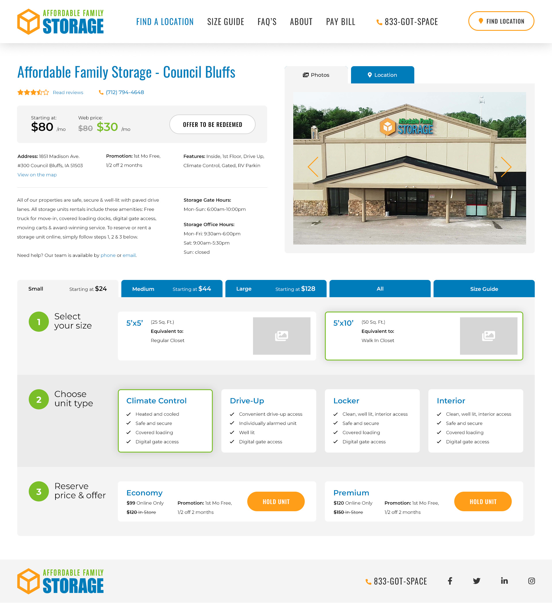 Location page with three-step unit selection