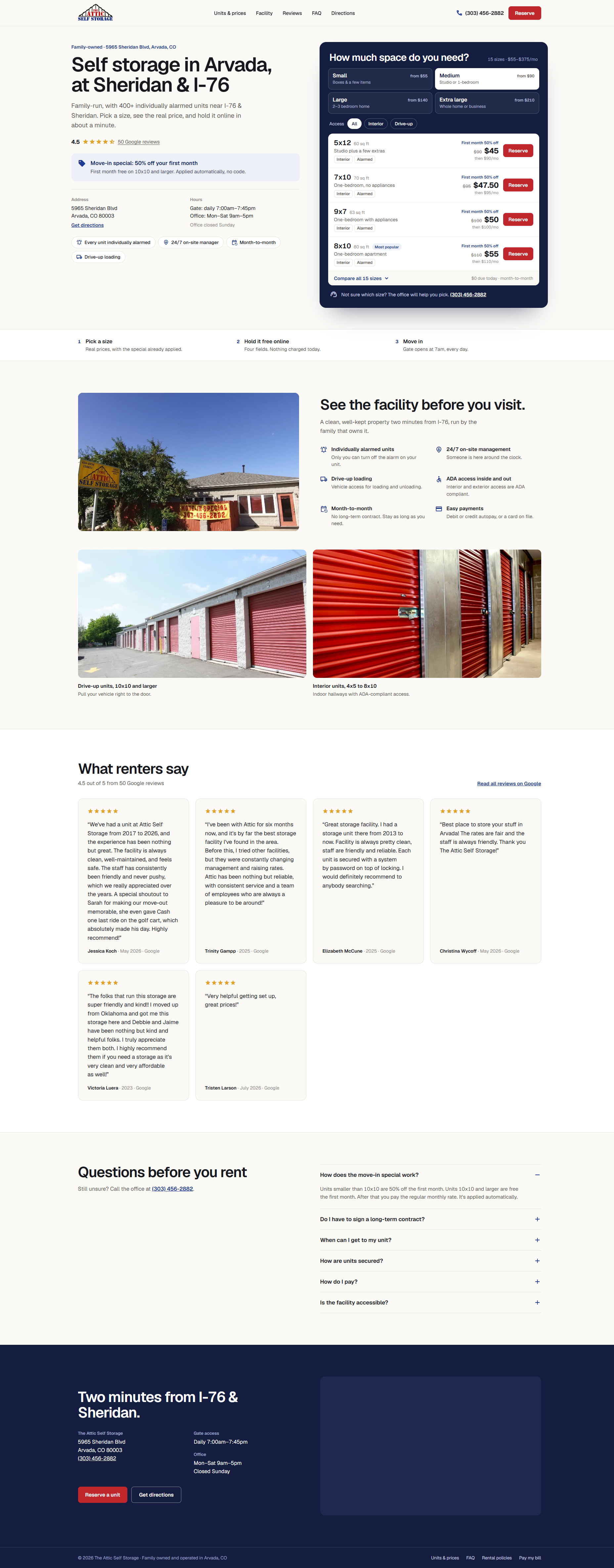 Self storage website design for The Attic Self Storage after the redesign: unit finder with real prices, move-in special, facility photos, Google reviews and FAQs