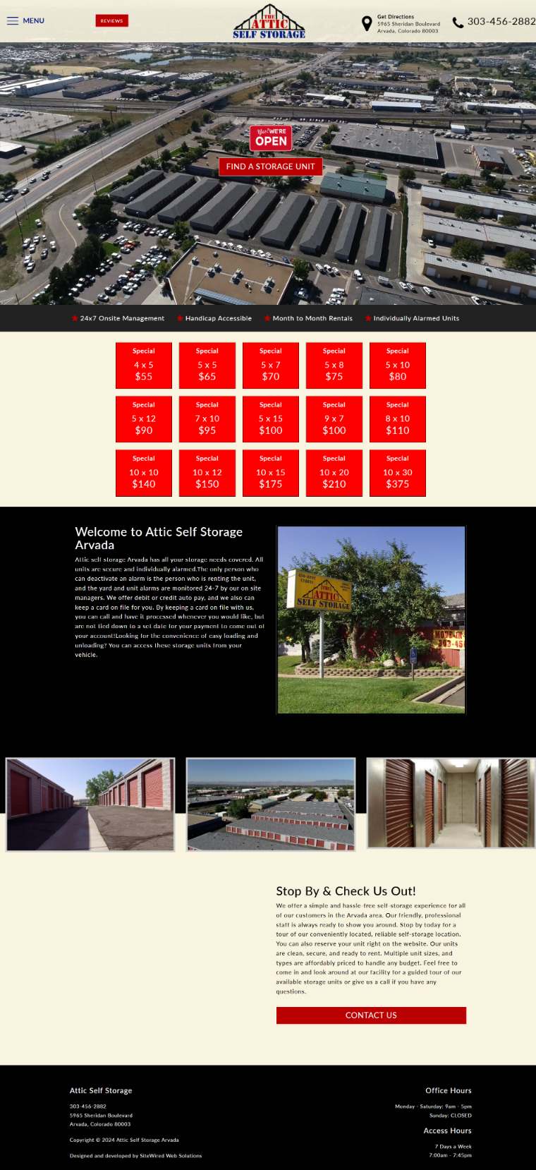 Full scroll of The Attic Self Storage website before the redesign, an outdated design with a static rate list
